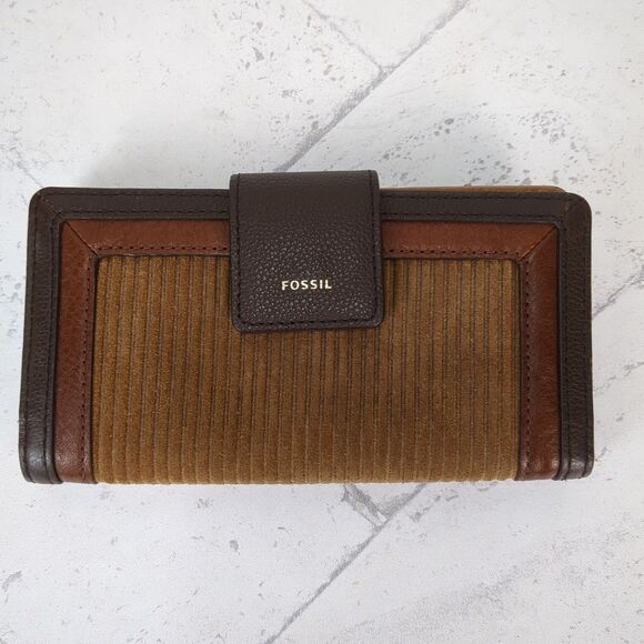 Fossil Logan Leather RFID Tab Clutch Wallet Camel Corduroy Suede Brown Leather - Picture 1 of 8